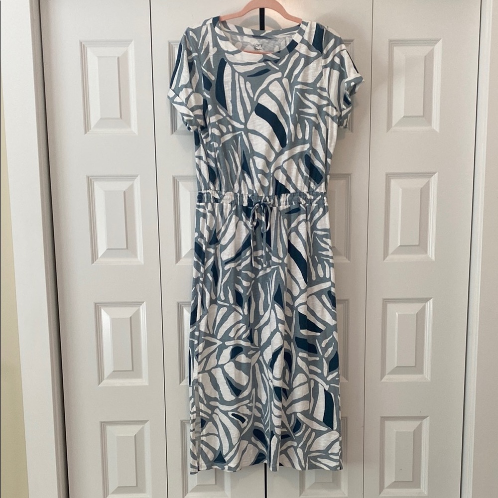 LOFT White and Blue Midi Sundress Casual Short Sleeve